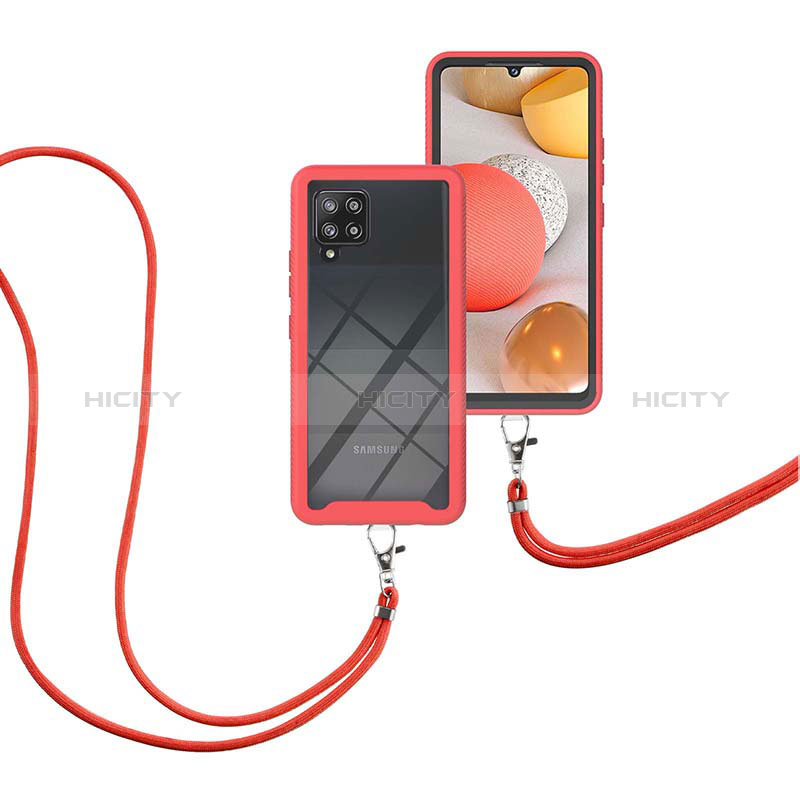 Funda Bumper Silicona y Plastico Carcasa Frontal y Trasera 360 Grados con Acollador Cordon Lanyard para Samsung Galaxy A42 5G Rojo