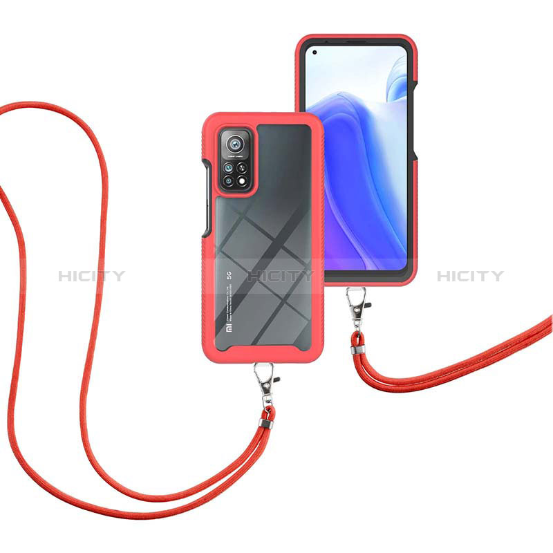Funda Bumper Silicona y Plastico Carcasa Frontal y Trasera 360 Grados con Acollador Cordon Lanyard para Xiaomi Mi 10T 5G Rojo