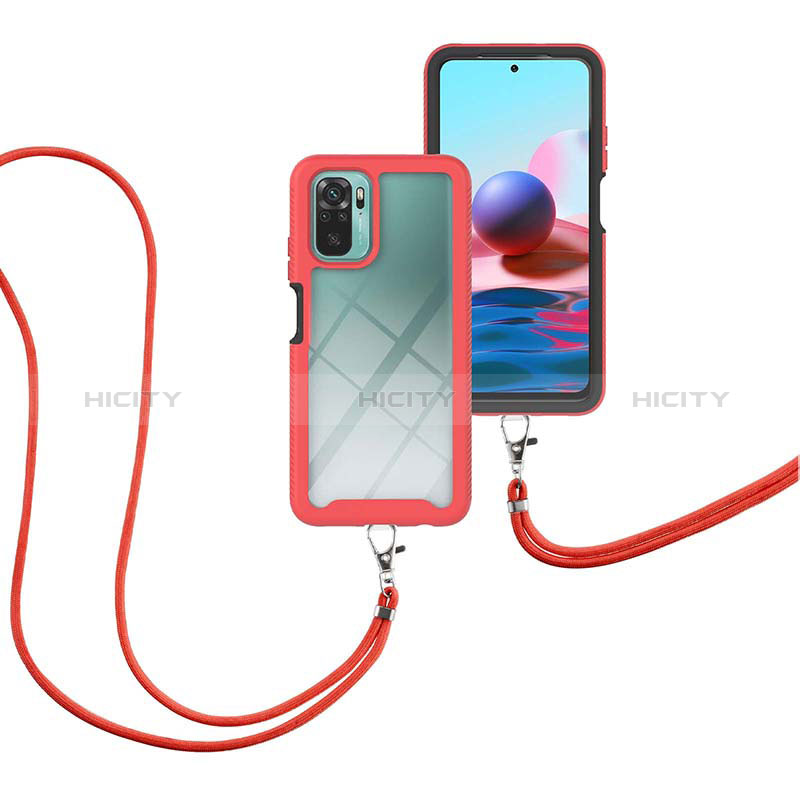 Funda Bumper Silicona y Plastico Carcasa Frontal y Trasera 360 Grados con Acollador Cordon Lanyard para Xiaomi Redmi Note 10 4G Rojo