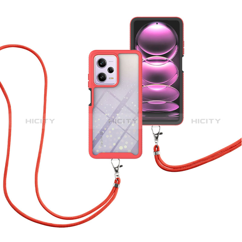 Funda Bumper Silicona y Plastico Carcasa Frontal y Trasera 360 Grados con Acollador Cordon Lanyard para Xiaomi Redmi Note 12 Pro 5G Rojo