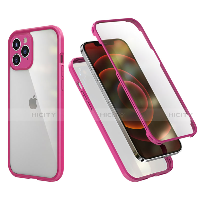 Funda Bumper Silicona y Plastico Carcasa Frontal y Trasera 360 Grados R05 para Apple iPhone 12 Pro Rosa Roja