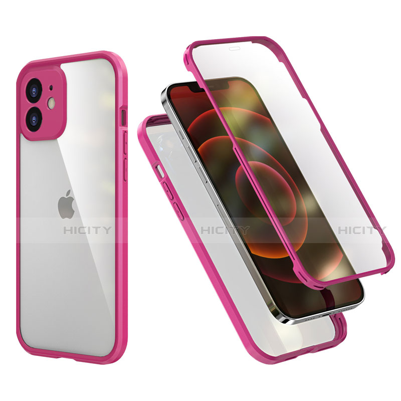 Funda Bumper Silicona y Plastico Carcasa Frontal y Trasera 360 Grados R05 para Apple iPhone 12 Rosa Roja