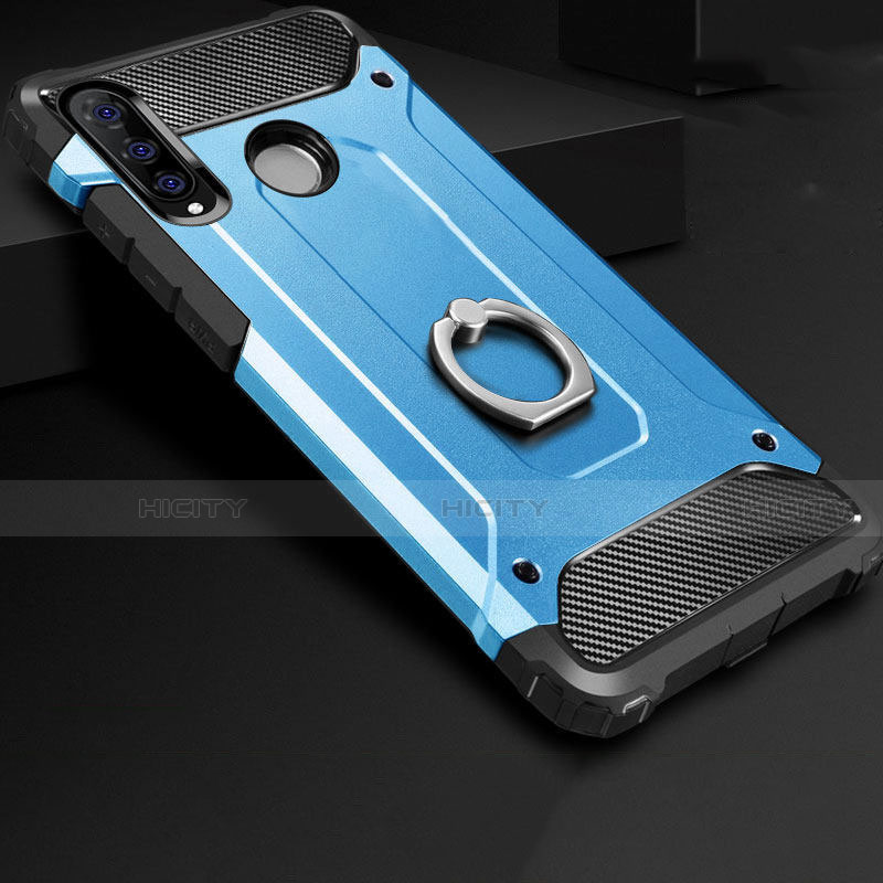 Funda Bumper Silicona y Plastico Mate Carcasa con Anillo de dedo Soporte H01 para Huawei P30 Lite New Edition Azul