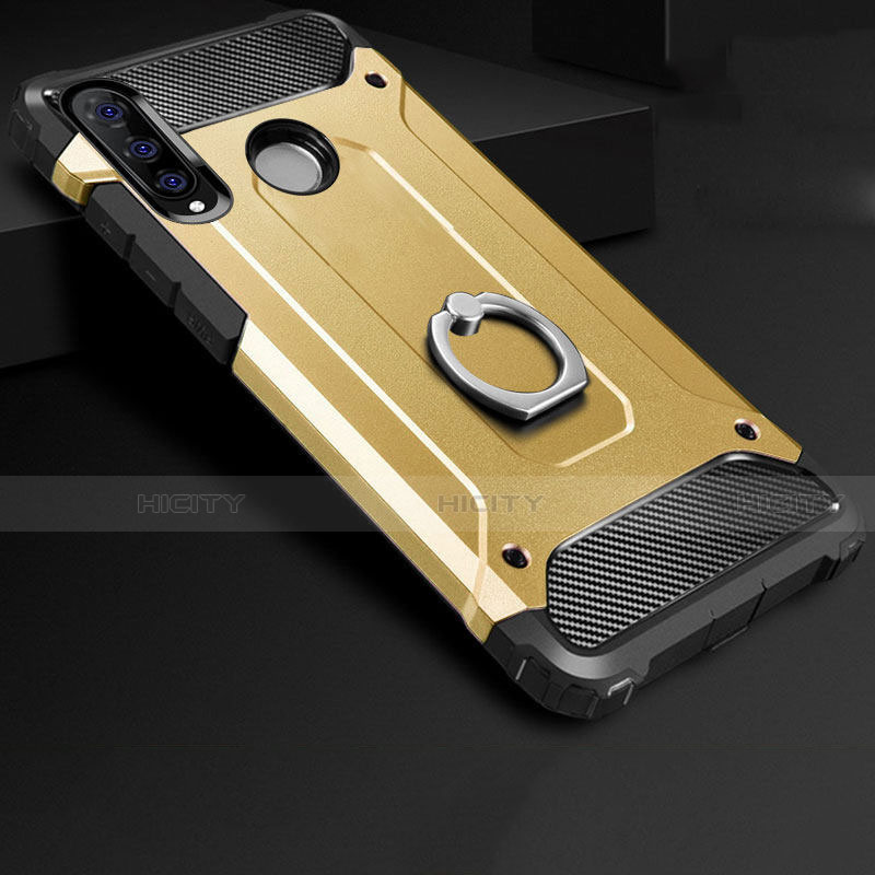 Funda Bumper Silicona y Plastico Mate Carcasa con Anillo de dedo Soporte H01 para Huawei P30 Lite New Edition Oro