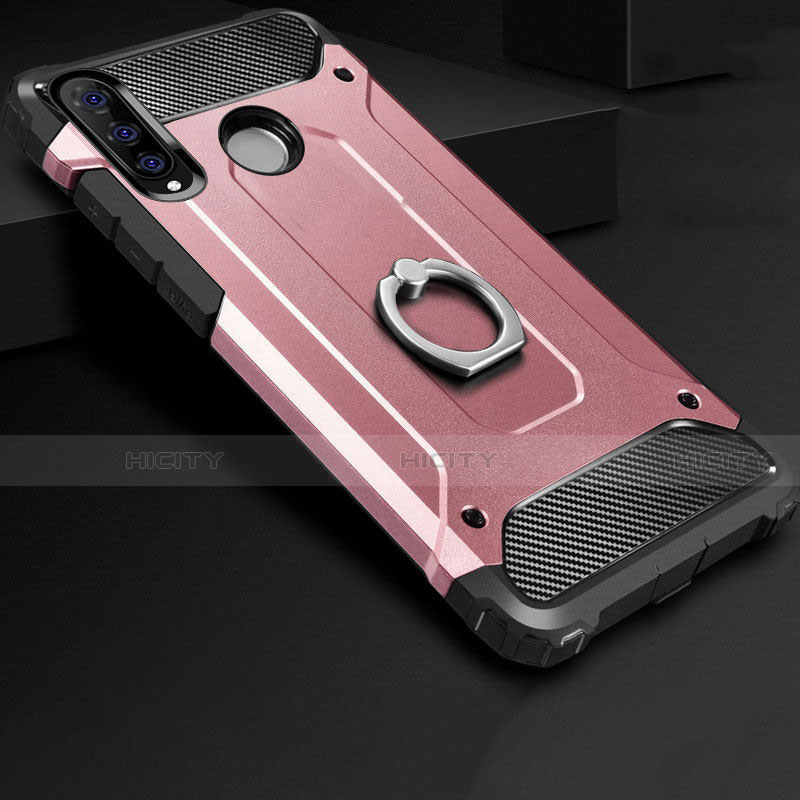 Funda Bumper Silicona y Plastico Mate Carcasa con Anillo de dedo Soporte H01 para Huawei P30 Lite Oro Rosa