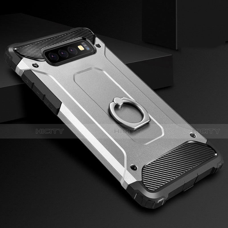 Funda Bumper Silicona y Plastico Mate Carcasa con Anillo de dedo Soporte H01 para Samsung Galaxy S10 5G Plata