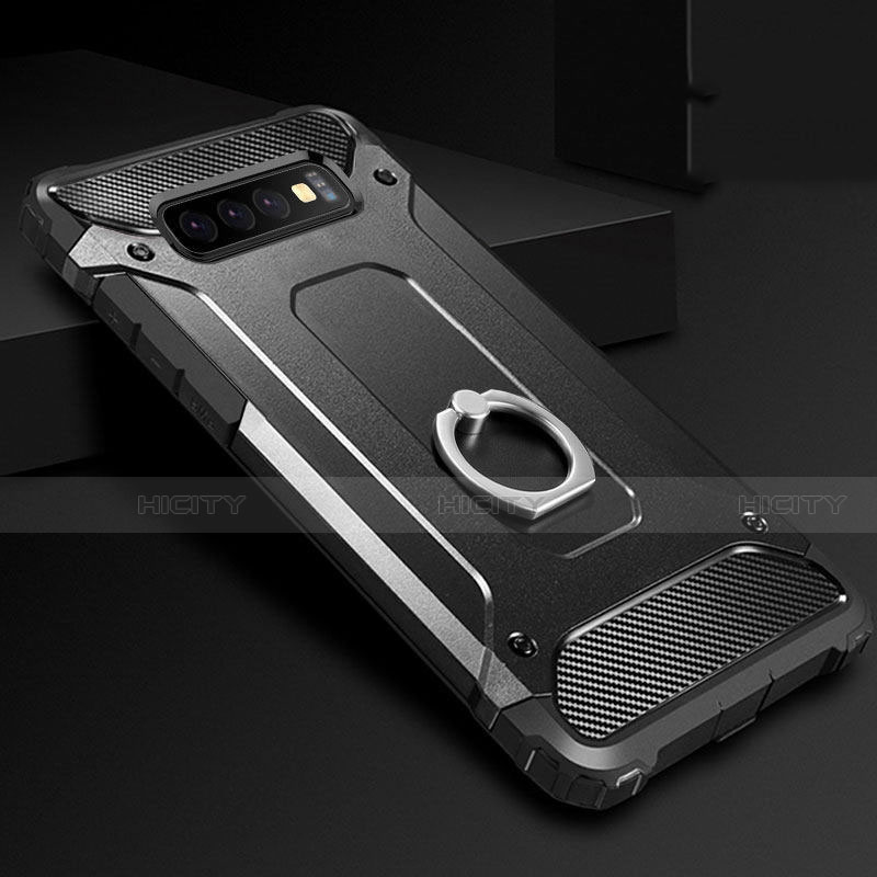 Funda Bumper Silicona y Plastico Mate Carcasa con Anillo de dedo Soporte H01 para Samsung Galaxy S10 Negro