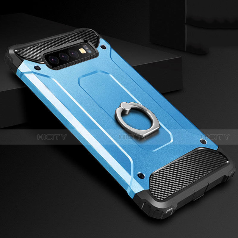 Funda Bumper Silicona y Plastico Mate Carcasa con Anillo de dedo Soporte H01 para Samsung Galaxy S10 Plus Azul Cielo