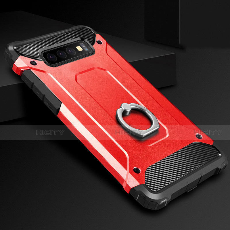 Funda Bumper Silicona y Plastico Mate Carcasa con Anillo de dedo Soporte H01 para Samsung Galaxy S10 Rojo