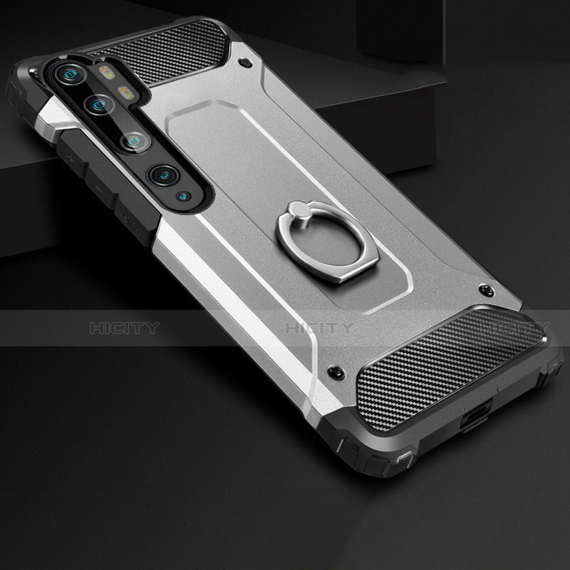 Funda Bumper Silicona y Plastico Mate Carcasa con Anillo de dedo Soporte H01 para Xiaomi Mi Note 10 Pro Plata