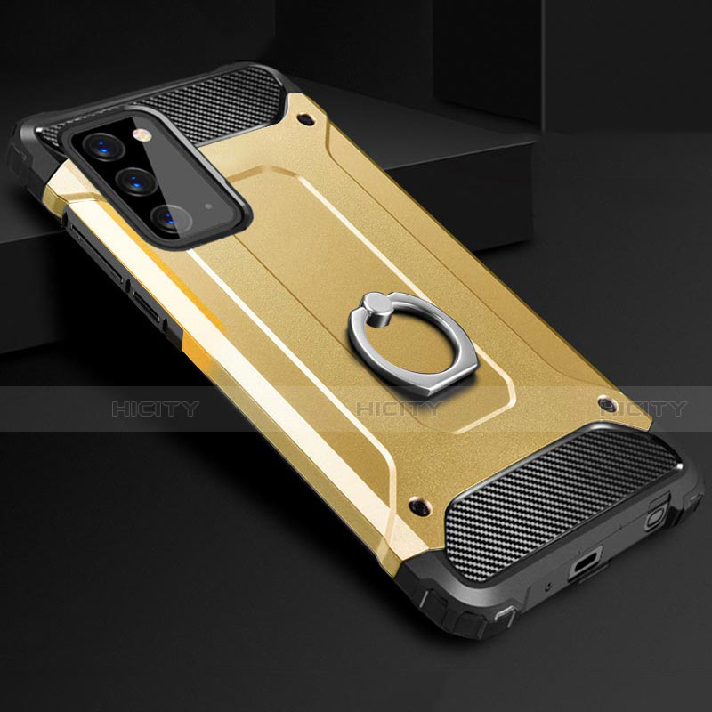 Funda Bumper Silicona y Plastico Mate Carcasa con Anillo de dedo Soporte N01 para Samsung Galaxy Note 20 5G Oro