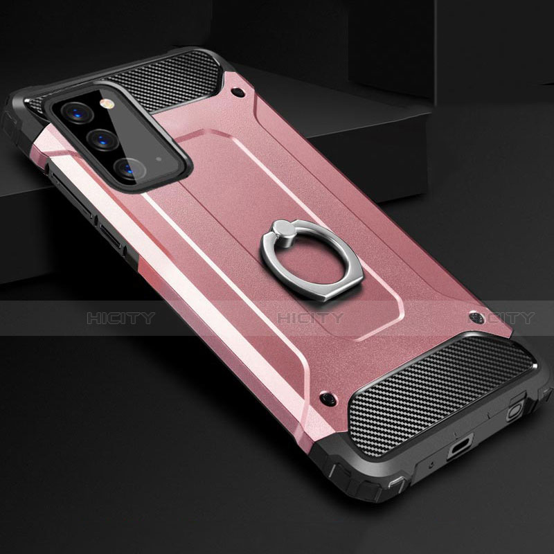 Funda Bumper Silicona y Plastico Mate Carcasa con Anillo de dedo Soporte N01 para Samsung Galaxy Note 20 5G Oro Rosa