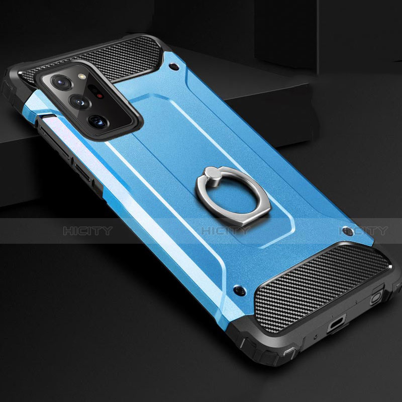 Funda Bumper Silicona y Plastico Mate Carcasa con Anillo de dedo Soporte N01 para Samsung Galaxy Note 20 Ultra 5G Azul Cielo