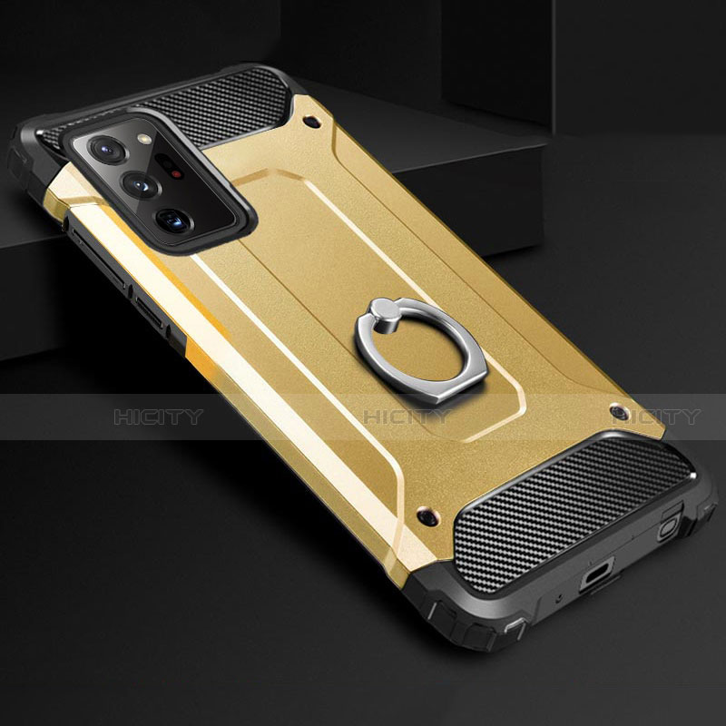Funda Bumper Silicona y Plastico Mate Carcasa con Anillo de dedo Soporte N01 para Samsung Galaxy Note 20 Ultra 5G Oro