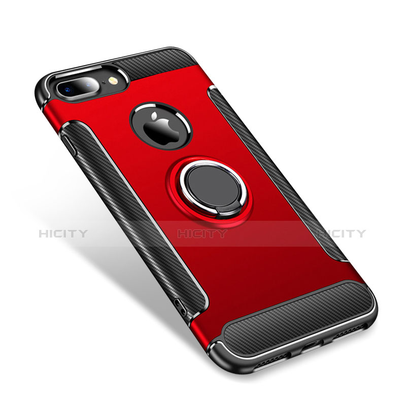 Funda Bumper Silicona y Plastico Mate Carcasa con Anillo de dedo Soporte para Apple iPhone 8 Plus Rojo