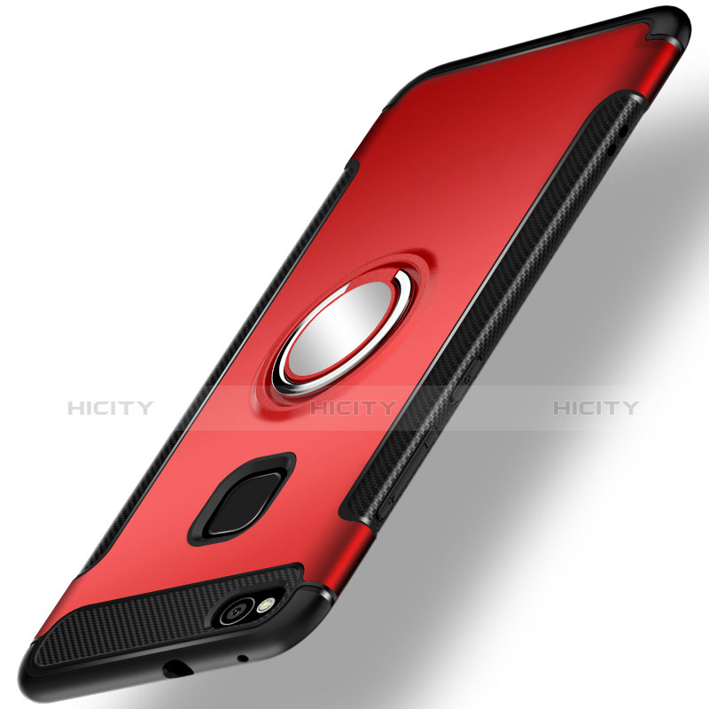 Funda Bumper Silicona y Plastico Mate Carcasa con Anillo de dedo Soporte para Huawei P9 Lite (2017) Rojo
