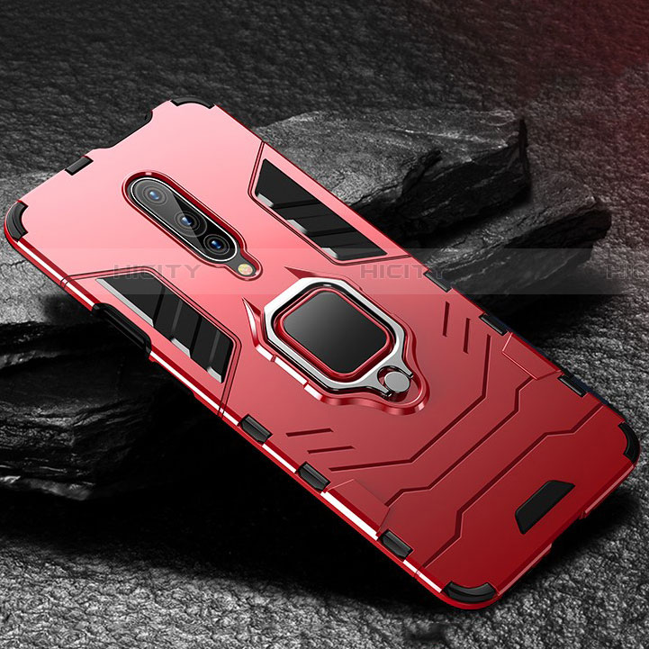 Funda Bumper Silicona y Plastico Mate Carcasa con Anillo de dedo Soporte para OnePlus 7 Pro Rojo