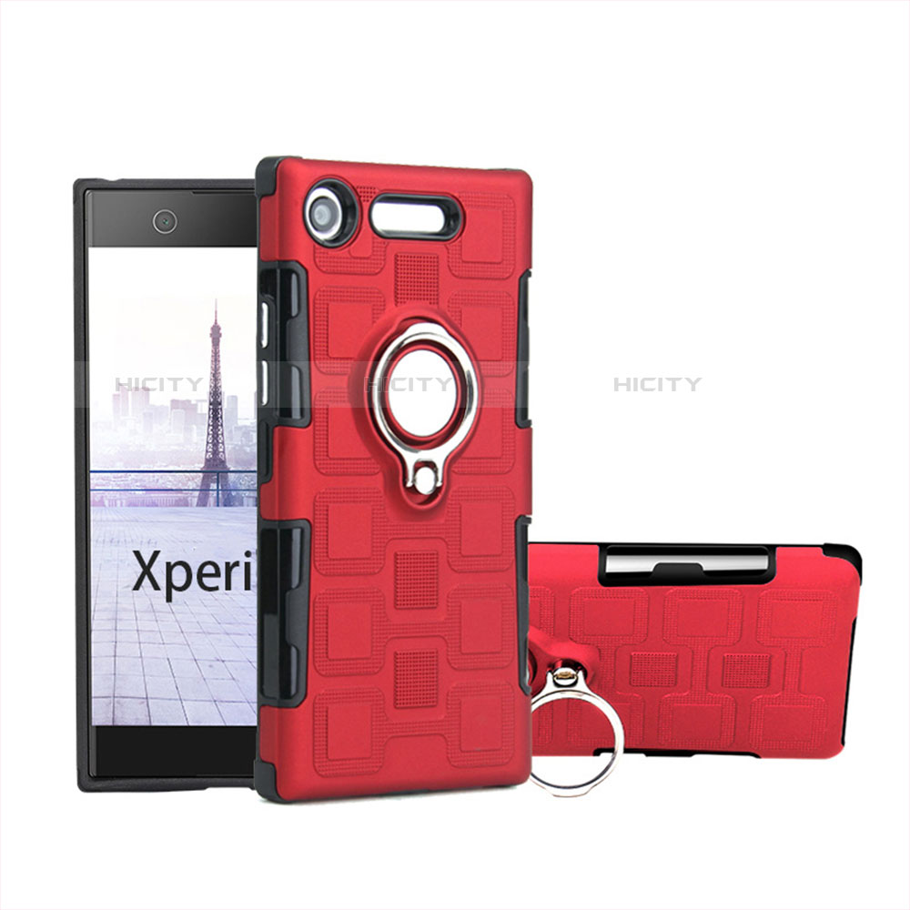 Funda Bumper Silicona y Plastico Mate Carcasa con Anillo de dedo Soporte para Sony Xperia XZ1 Compact Rojo