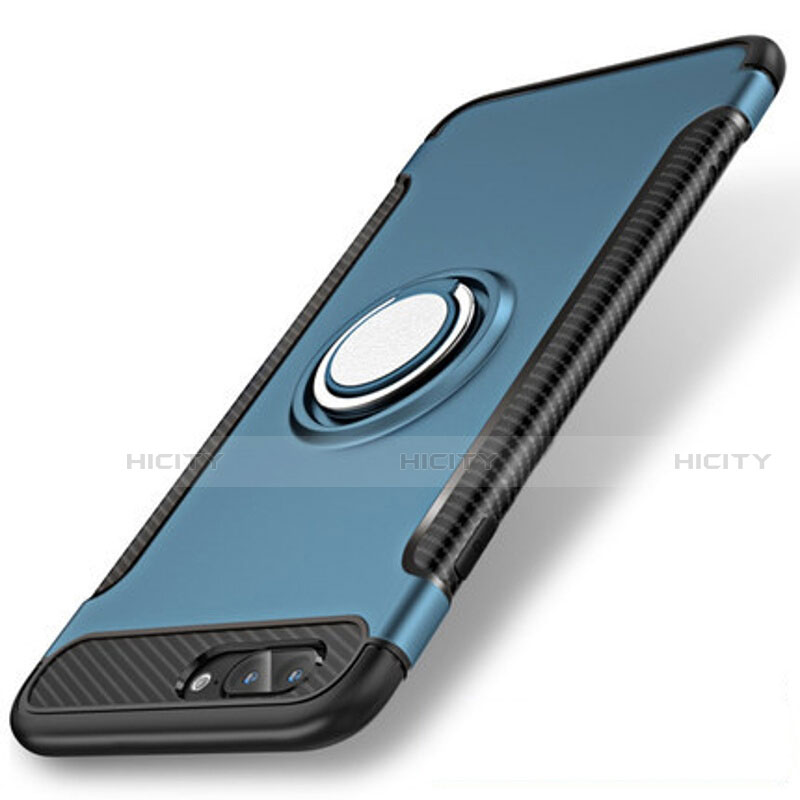 Funda Bumper Silicona y Plastico Mate Carcasa con Anillo de dedo Soporte S01 para Apple iPhone 7 Plus Azul