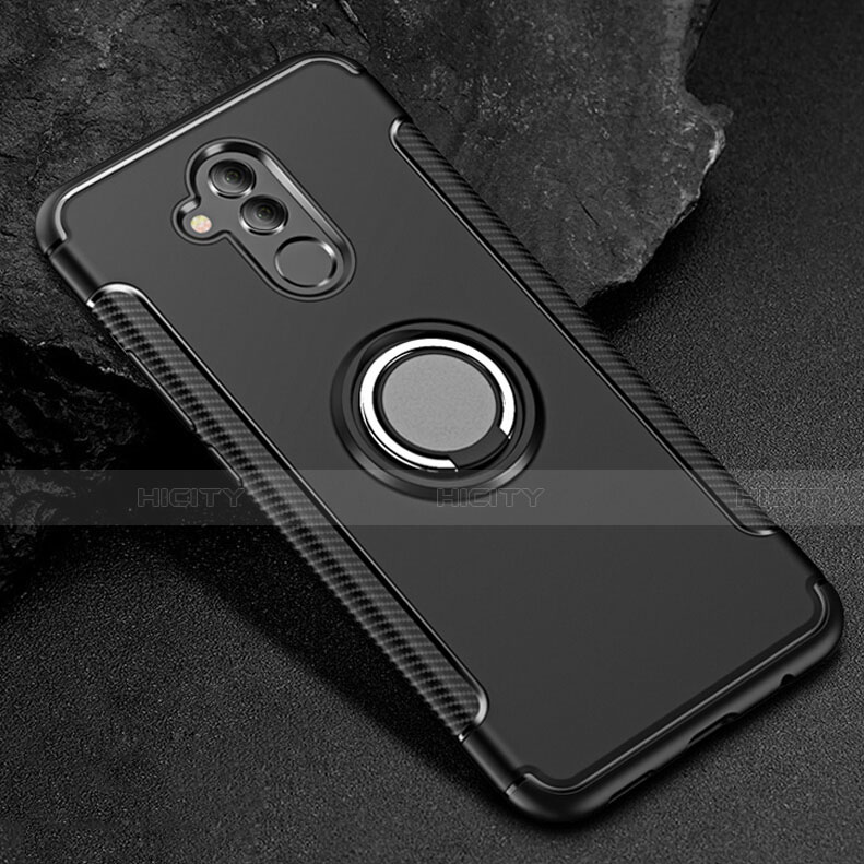 Funda Bumper Silicona y Plastico Mate Carcasa con Anillo de dedo Soporte S01 para Huawei Mate 20 Lite Negro