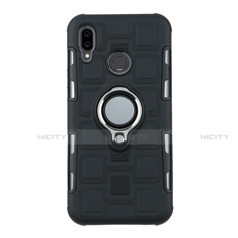 Funda Bumper Silicona y Plastico Mate Carcasa con Anillo de dedo Soporte S01 para Huawei Nova 3e Negro