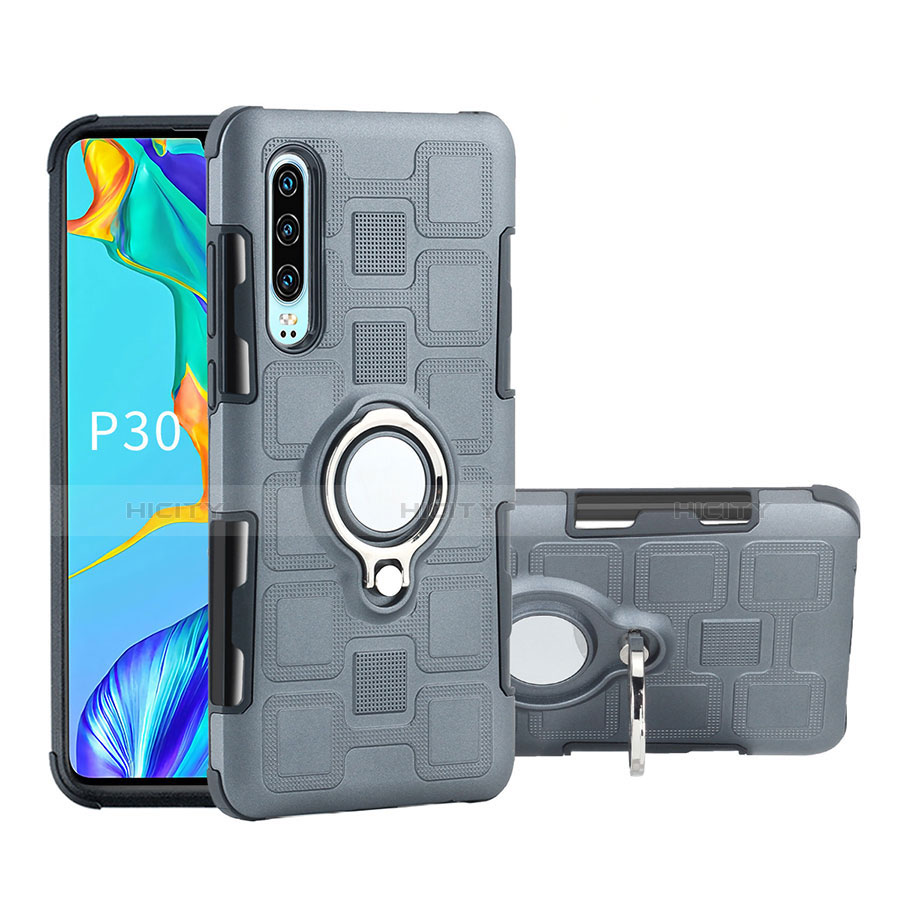 Funda Bumper Silicona y Plastico Mate Carcasa con Anillo de dedo Soporte S01 para Huawei P30 Gris