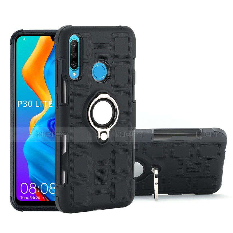 Funda Bumper Silicona y Plastico Mate Carcasa con Magnetico Anillo de dedo Soporte A01 para Huawei P30 Lite Negro