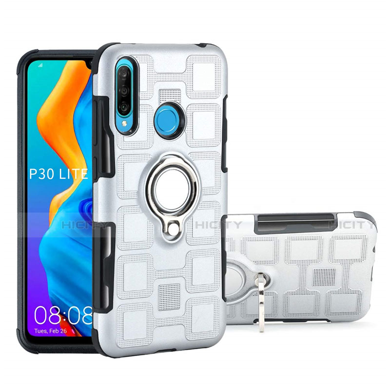 Funda Bumper Silicona y Plastico Mate Carcasa con Magnetico Anillo de dedo Soporte A01 para Huawei P30 Lite Plata