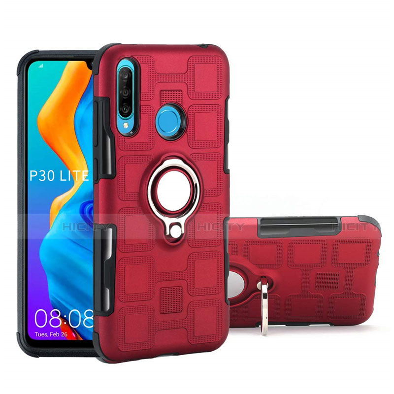Funda Bumper Silicona y Plastico Mate Carcasa con Magnetico Anillo de dedo Soporte A01 para Huawei P30 Lite XL Rojo