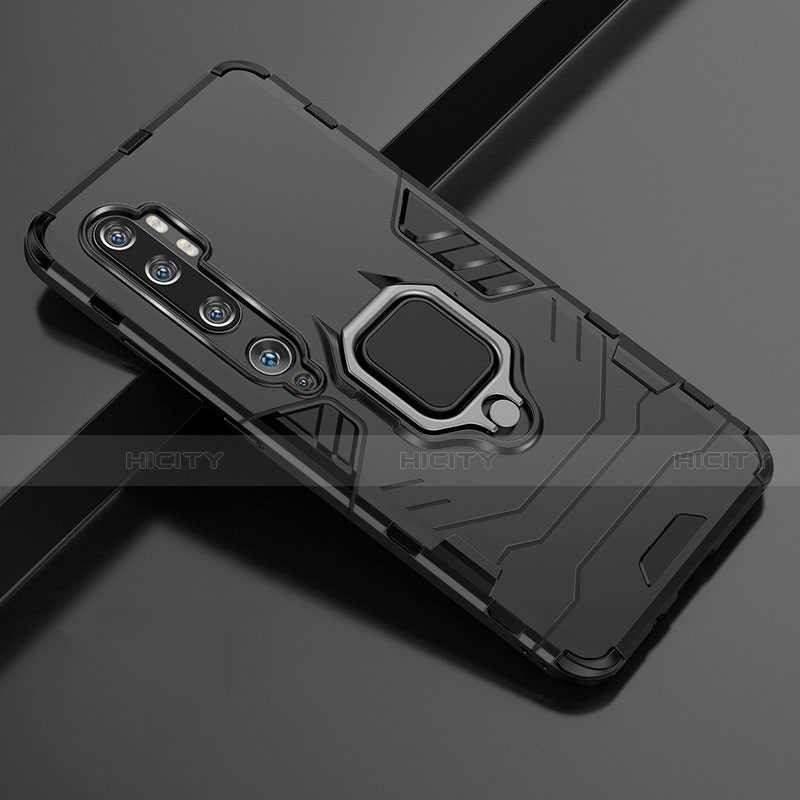 Funda Bumper Silicona y Plastico Mate Carcasa con Magnetico Anillo de dedo Soporte D02 para Xiaomi Mi Note 10 Pro Negro