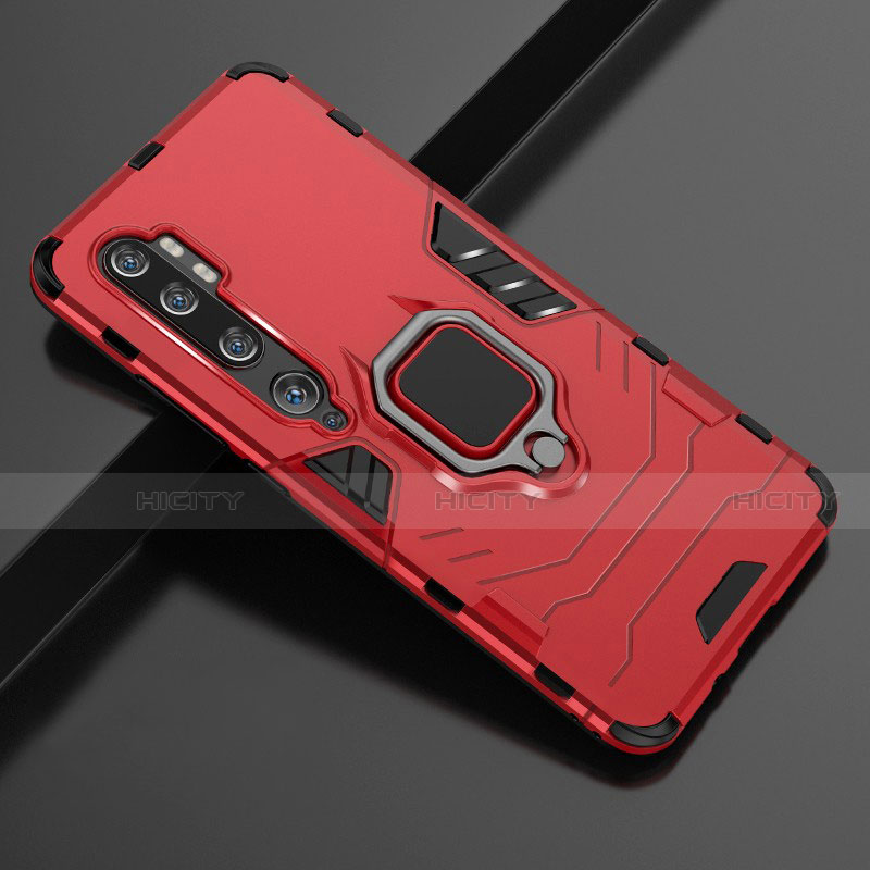 Funda Bumper Silicona y Plastico Mate Carcasa con Magnetico Anillo de dedo Soporte D02 para Xiaomi Mi Note 10 Pro Rojo