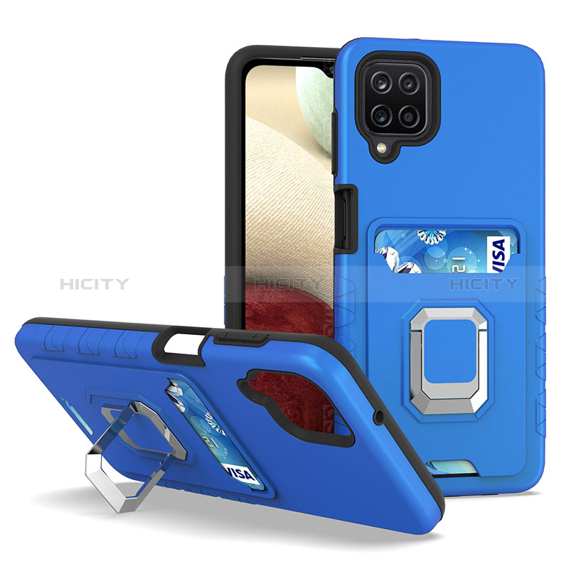 Funda Bumper Silicona y Plastico Mate Carcasa con Magnetico Anillo de dedo Soporte J01S para Samsung Galaxy A12 Azul