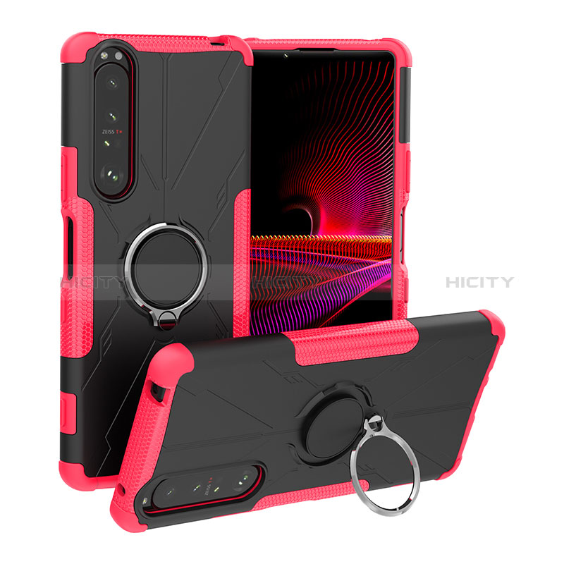 Funda Bumper Silicona y Plastico Mate Carcasa con Magnetico Anillo de dedo Soporte JX1 para Sony Xperia 1 III Rosa Roja