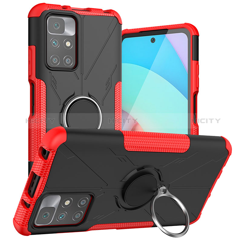 Funda Bumper Silicona y Plastico Mate Carcasa con Magnetico Anillo de dedo Soporte JX1 para Xiaomi Redmi 10 4G Rojo