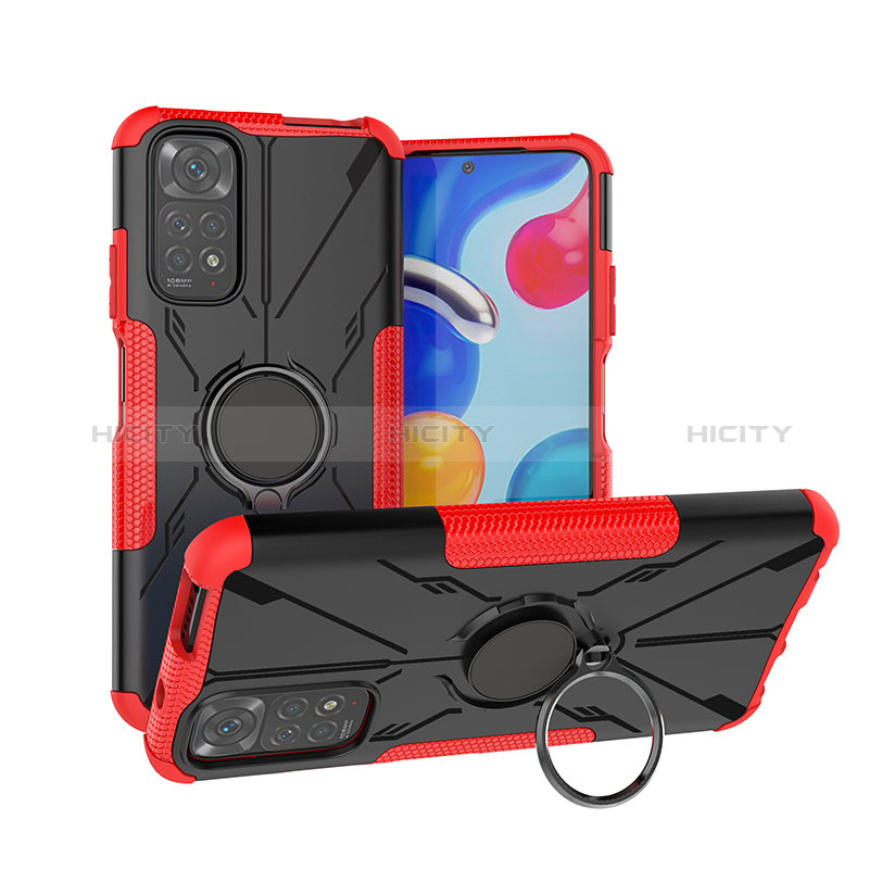 Funda Bumper Silicona y Plastico Mate Carcasa con Magnetico Anillo de dedo Soporte JX1 para Xiaomi Redmi Note 11 4G (2022) Rojo