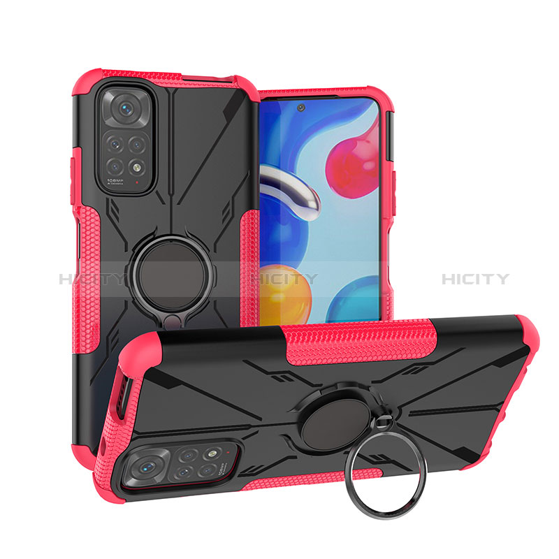 Funda Bumper Silicona y Plastico Mate Carcasa con Magnetico Anillo de dedo Soporte JX1 para Xiaomi Redmi Note 11 4G (2022) Rosa Roja