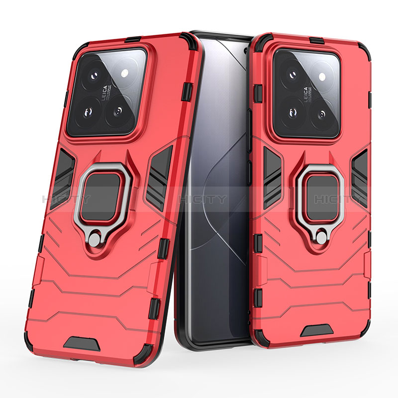 Funda Bumper Silicona y Plastico Mate Carcasa con Magnetico Anillo de dedo Soporte KC1 para Xiaomi Mi 14 5G Rojo