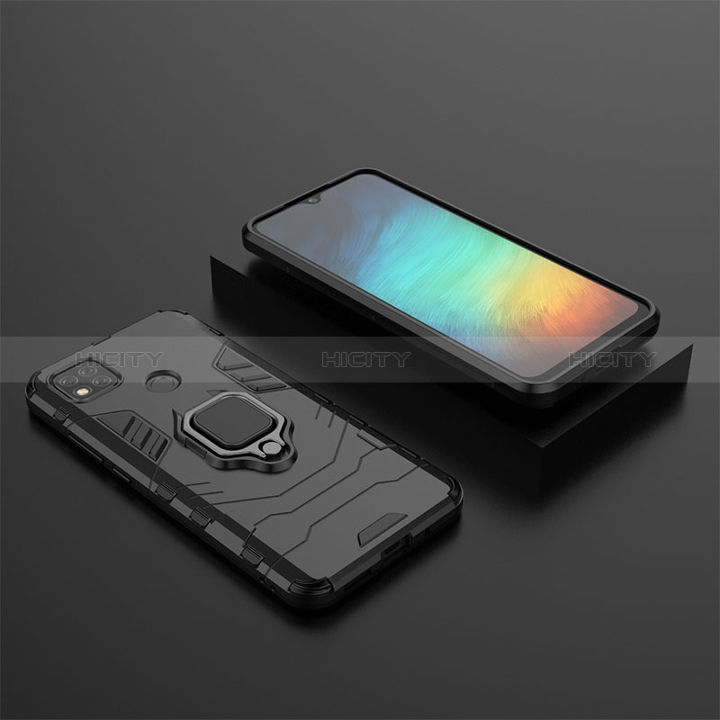 Funda Bumper Silicona y Plastico Mate Carcasa con Magnetico Anillo de dedo Soporte KC1 para Xiaomi Redmi 9 India Negro