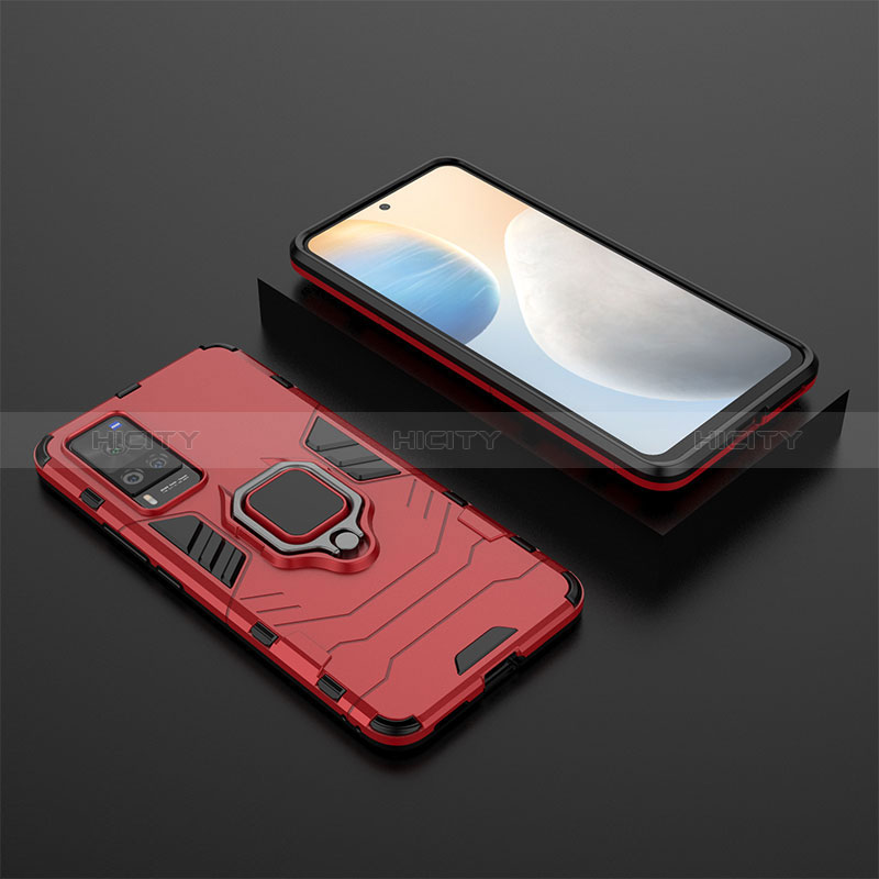 Funda Bumper Silicona y Plastico Mate Carcasa con Magnetico Anillo de dedo Soporte KC2 para Vivo X60 Pro 5G Rojo