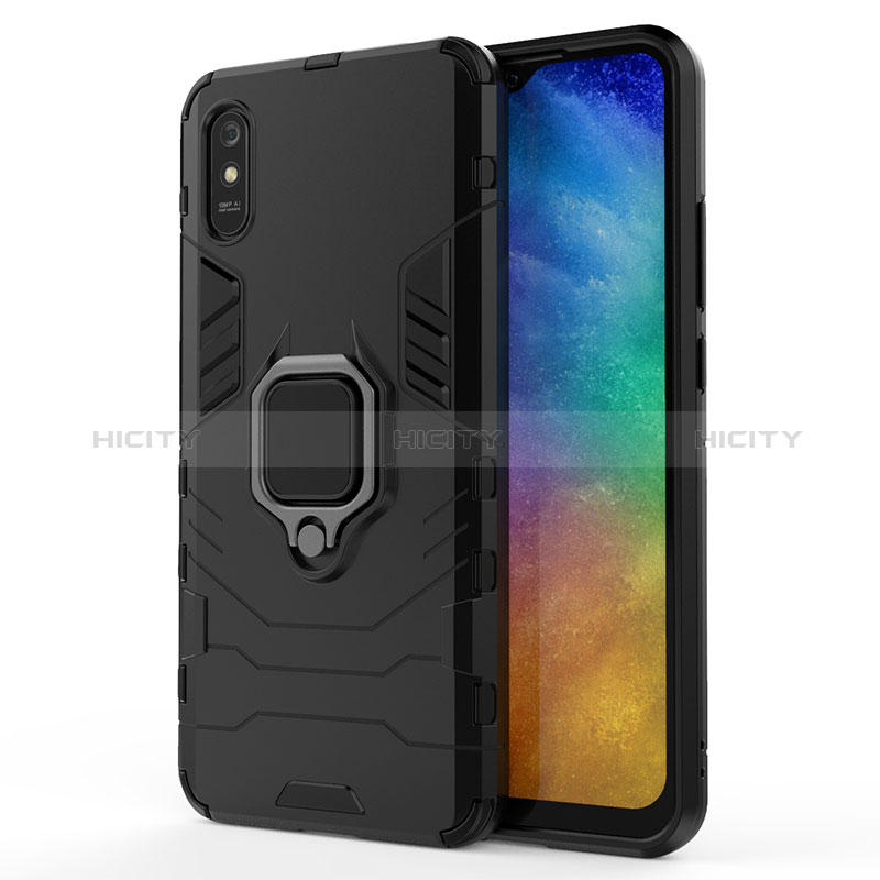 Funda Bumper Silicona y Plastico Mate Carcasa con Magnetico Anillo de dedo Soporte KC2 para Xiaomi Redmi 9AT Negro