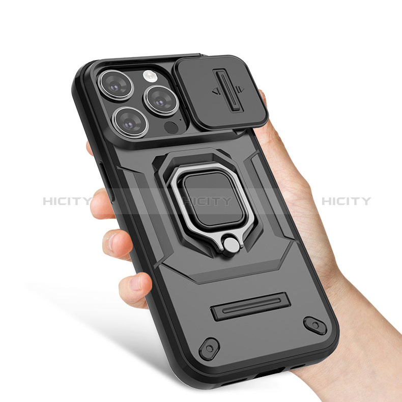 Funda Bumper Silicona y Plastico Mate Carcasa con Magnetico Anillo de dedo Soporte KC3 para Apple iPhone 14 Pro Max