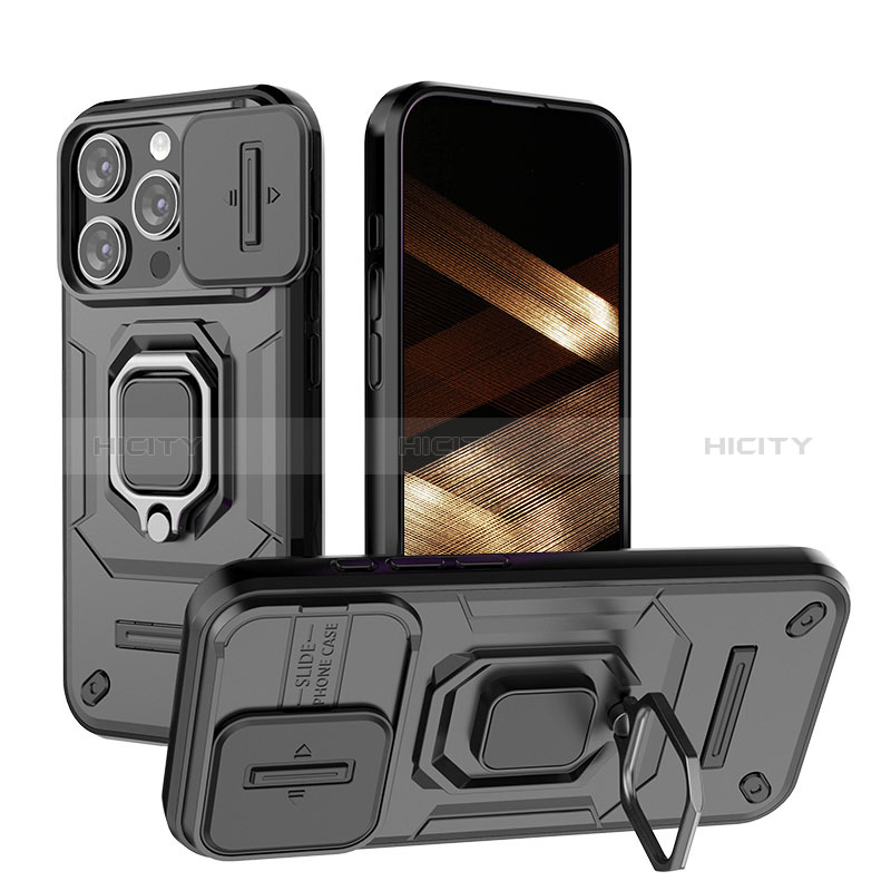 Funda Bumper Silicona y Plastico Mate Carcasa con Magnetico Anillo de dedo Soporte KC3 para Apple iPhone 14 Pro Max Negro