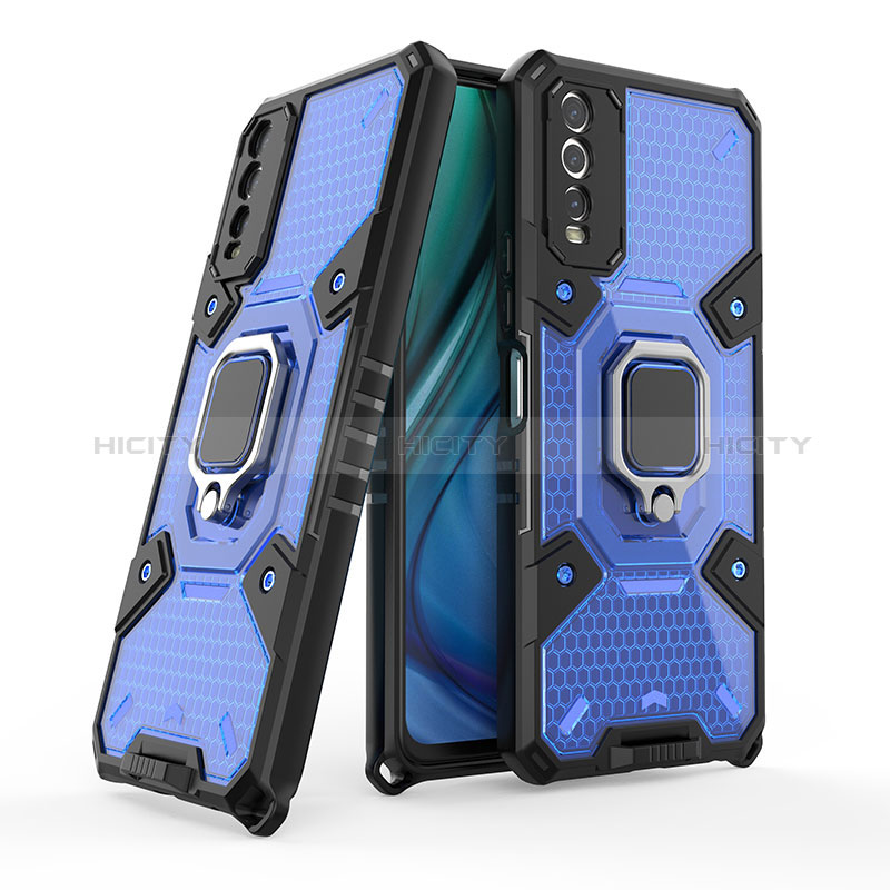 Funda Bumper Silicona y Plastico Mate Carcasa con Magnetico Anillo de dedo Soporte KC3 para Vivo Y12s Azul