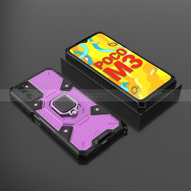 Funda Bumper Silicona y Plastico Mate Carcasa con Magnetico Anillo de dedo Soporte KC3 para Xiaomi Poco M3 Morado