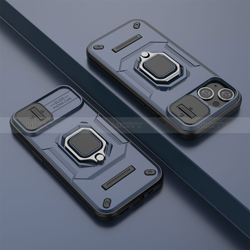 Funda Bumper Silicona y Plastico Mate Carcasa con Magnetico Anillo de dedo Soporte KC4 para Apple iPhone 13 Azul