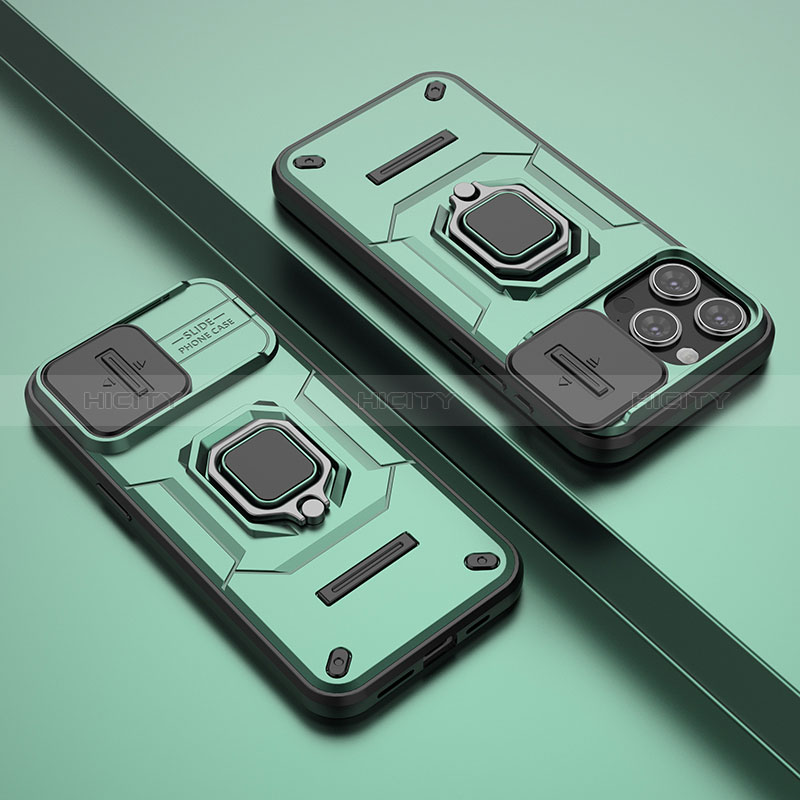 Funda Bumper Silicona y Plastico Mate Carcasa con Magnetico Anillo de dedo Soporte KC4 para Apple iPhone 14 Pro Max Verde