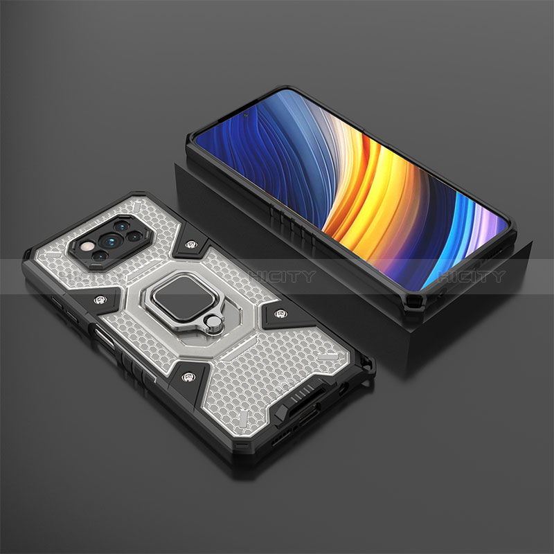 Funda Bumper Silicona y Plastico Mate Carcasa con Magnetico Anillo de dedo Soporte KC4 para Xiaomi Poco X3 NFC Negro