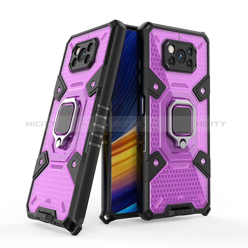 Funda Bumper Silicona y Plastico Mate Carcasa con Magnetico Anillo de dedo Soporte KC5 para Xiaomi Poco X3 NFC Morado