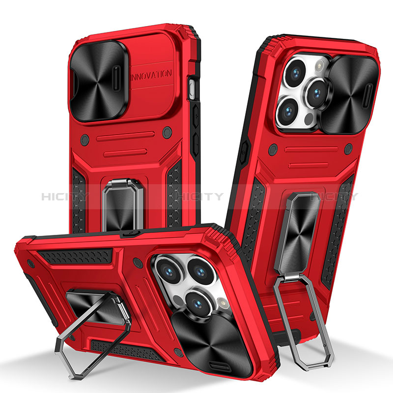 Funda Bumper Silicona y Plastico Mate Carcasa con Magnetico Anillo de dedo Soporte KC7 para Apple iPhone 13 Pro Max Rojo
