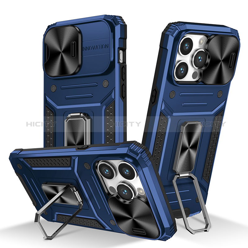 Funda Bumper Silicona y Plastico Mate Carcasa con Magnetico Anillo de dedo Soporte KC7 para Apple iPhone 14 Pro Azul